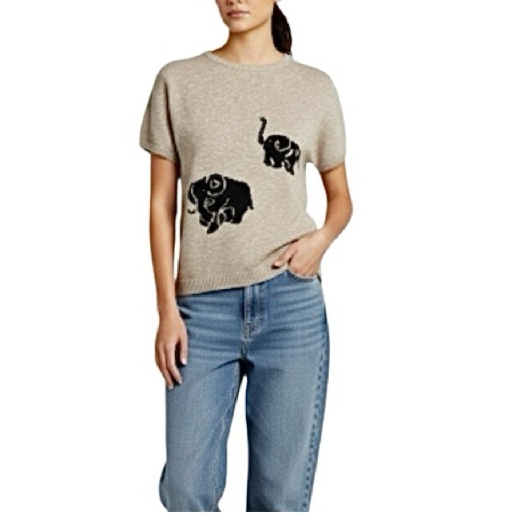 Vtg Olsen tan cotton angora blend elephant short sleeve knit intarsia sweater M